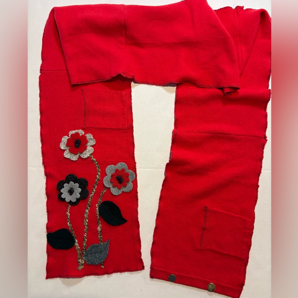 Look at me design Vintage red scarf w/ felted‎ floral/leaves. Up cycled